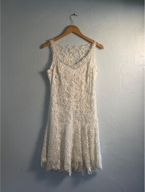 Sue Wong Elegant White Lace Floral Dress with Sheer Details
